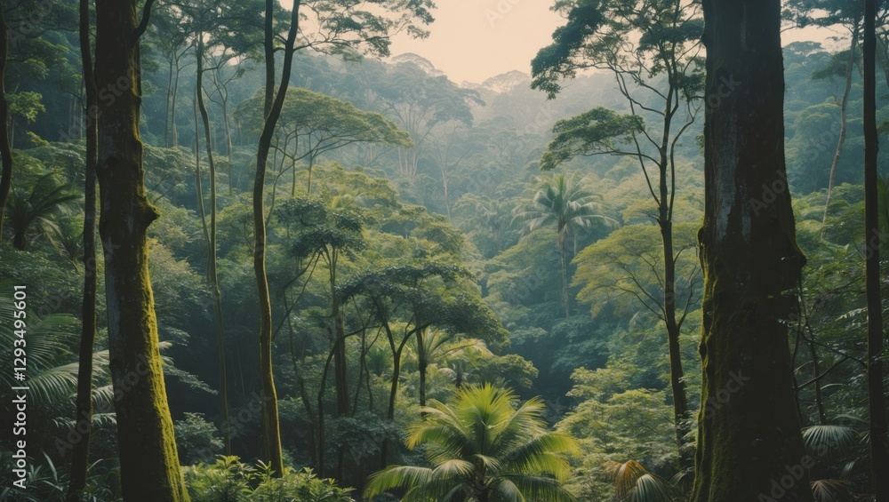 Poster lush rainforest canopy with towering trees and diverse foliage creating a serene natural landscape i