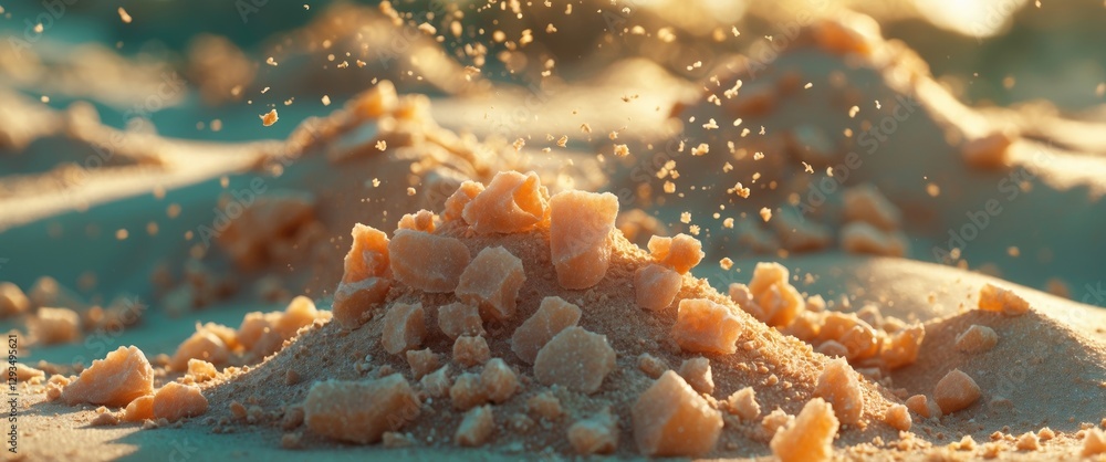 Poster textured vintage sand pile illuminated by soft sunlight creating a warm and serene beach atmosphere 