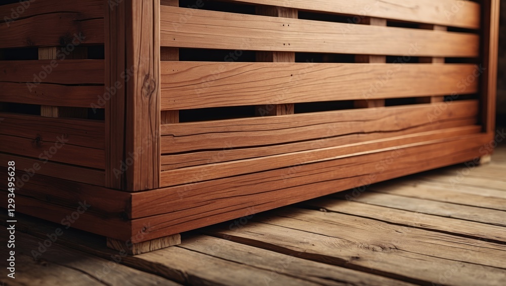 Poster Brown wooden crate with slatted design on wooden floor ideal for text overlay or rustic display background.