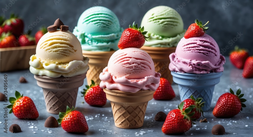 Poster colorful ice cream scoops in waffle cones topped with fresh strawberries and decorated with chocolat