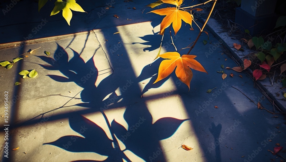 Poster shadows of colorful leaves on a textured cement floor creating an artistic natural pattern in warm s