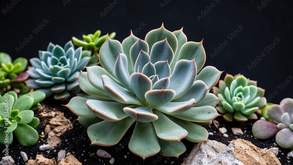 Poster succulent plants arrangement featuring sempervivum arachnoideum against black background ideal for t