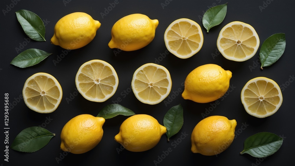 Poster Fresh lemons and lemon slices arranged on a dark background with green leaves creating an appealing layout for culinary or beverage designs.