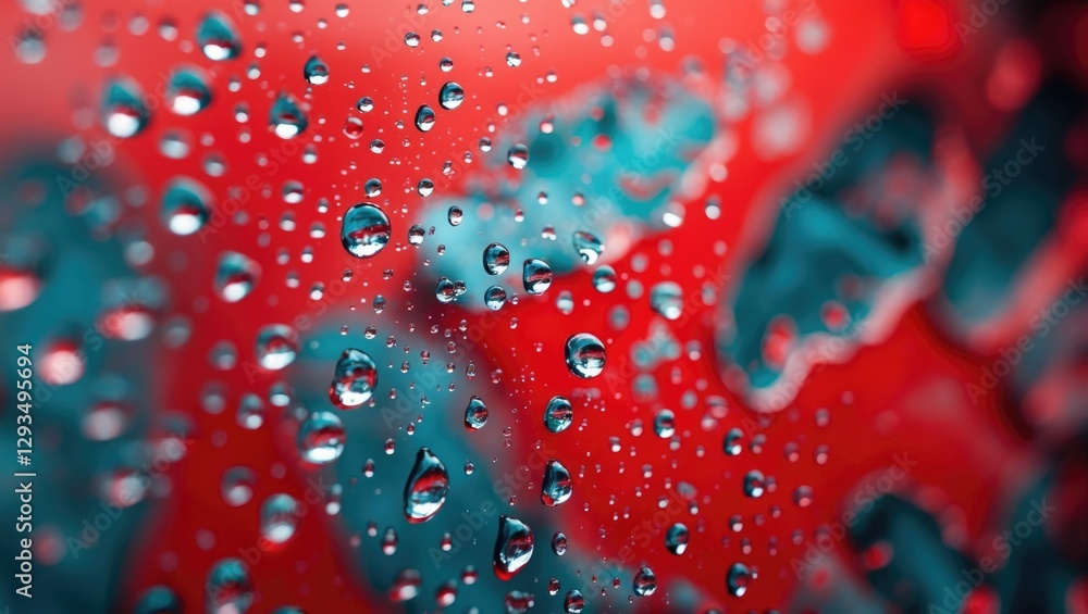 Poster abstract water droplets on glass with vivid red background and soft light reflections creating a sur