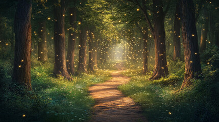 Fototapeta premium Magical firefly lit forest path summer night enchanting nature scene glow dark trees woods light