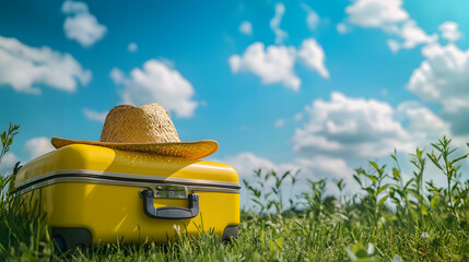 A yellow suitcase with a hat on top
