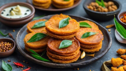 Kerala Vettu Cake Crispy Snack Plated with Curry Leaves and Accompaniments Traditional Indian Breakfast Food.