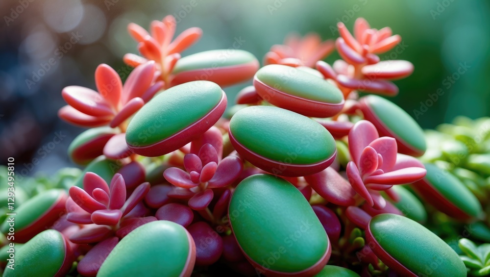 Poster Succulent Plants of Sedum Rubrotinctum with Colorful Leaves and Empty Copy Space for Text in a Natural Light Setting