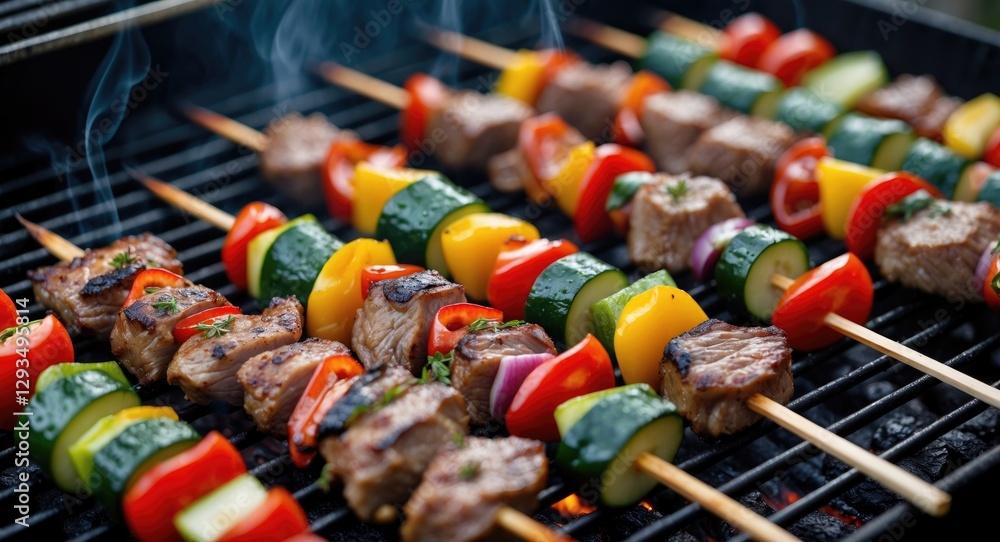 Poster Barbecue Skewers of Grilled Meat and Colorful Vegetables on Grill with Smoky Background and Space for Text or Branding