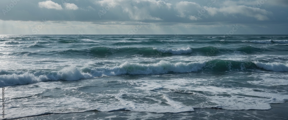 Aufkleber waves crashing on a shoreline under cloudy summer skies with empty space for text, evoking serenity 