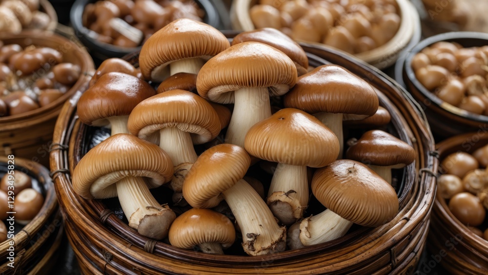 Poster fresh shiitake mushrooms in a basket surrounded by assorted varieties of edible fungi at a market di