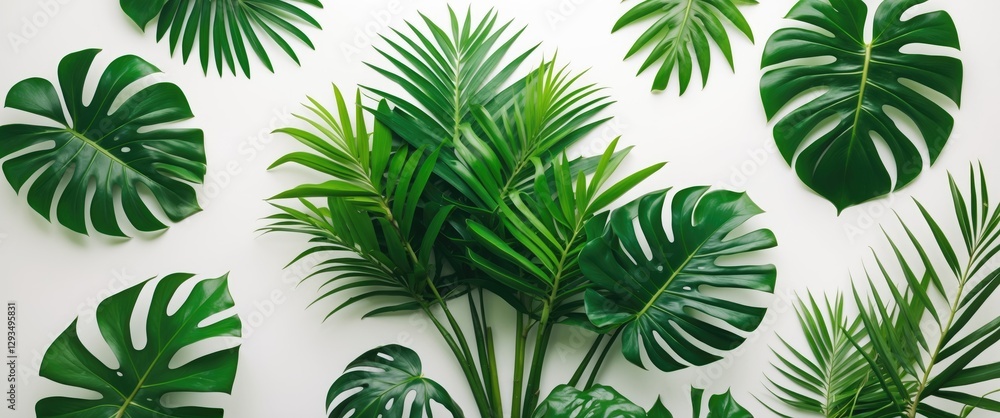 Poster Tropical Green Monstera and Palm Leaves Isolated on White Background for Design Elements Flat Lay with Space for Text or Graphics