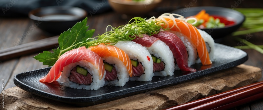 Poster sushi platter with wagyu beef and assorted fish fresh ingredients on dark wooden table with empty sp