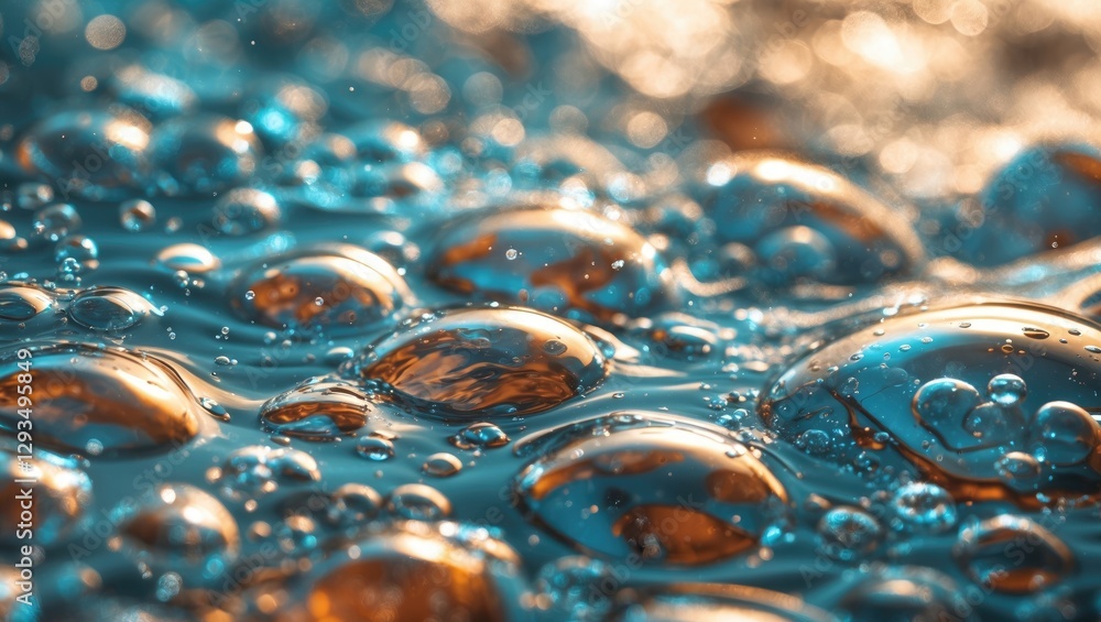 Poster bubbles floating in a reflective water surface creating a dynamic and vibrant abstract background wi