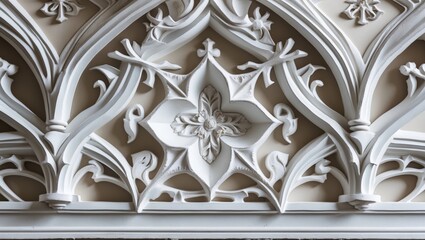 Gothic style wall and ceiling design featuring intricate white gypsum bas-relief patterns in classic architectural detail.