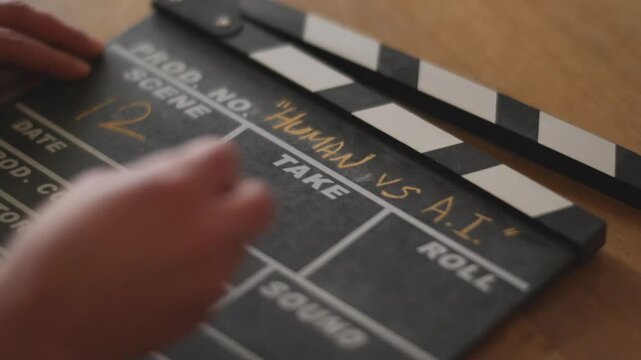 Male hands writing "Human vs A.I." on a film slate, cinematic lighting. Cinematic 6k.