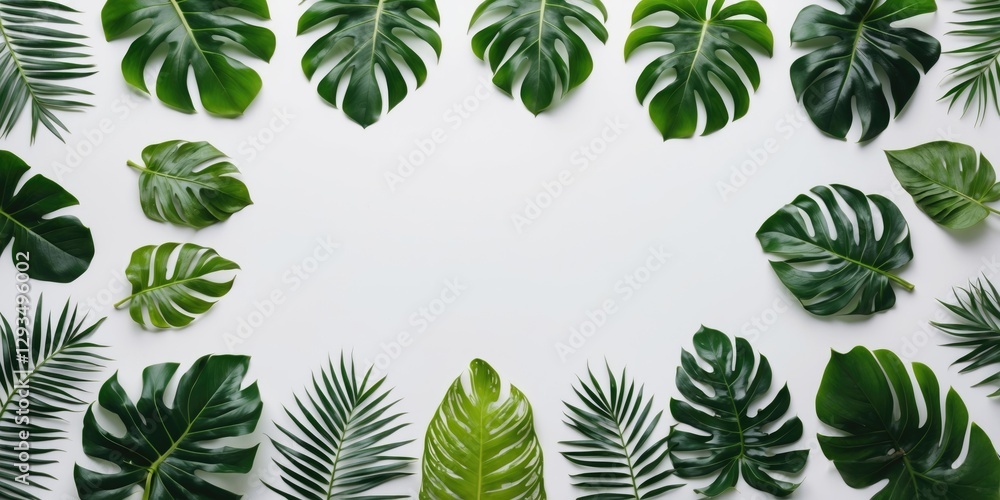 Poster tropical leaves arrangement on white background for freshness with space for custom text in banner d