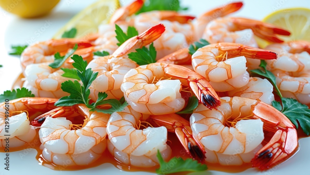 Poster freshly cooked shrimp garnished with herbs and lemon slices on a white plate with space for text or 