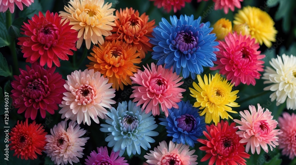 Poster colorful chrysanthemum flowers in bloom showcasing a vibrant array of petals in varying shades of pi