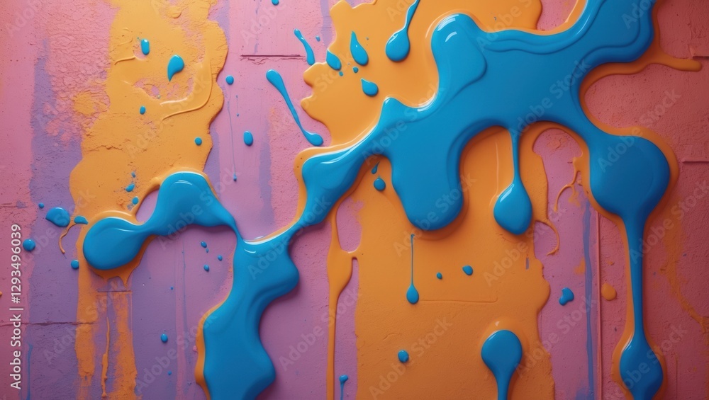 Poster Vibrant paint drips and stains on a textured wall creating an artistic and colorful abstract background.