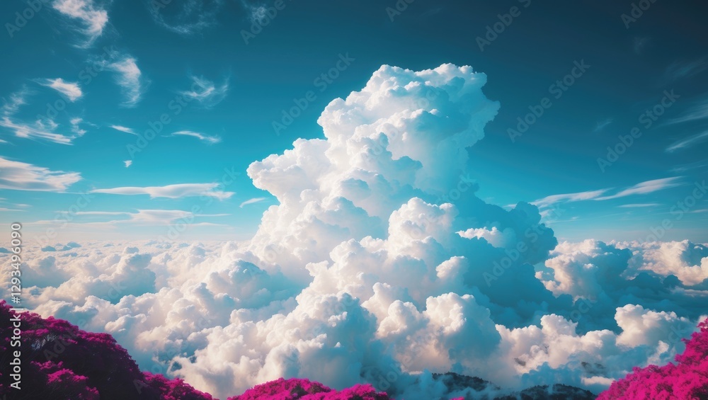 Poster Majestic clouds against a vibrant blue sky with hints of color in the foreground creating a serene and dreamlike atmosphere.