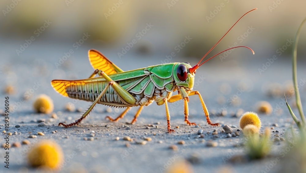 Aufkleber Vibrant Short-Horned Grasshopper on sandy ground with empty space for text ideal for nature and wildlife themes