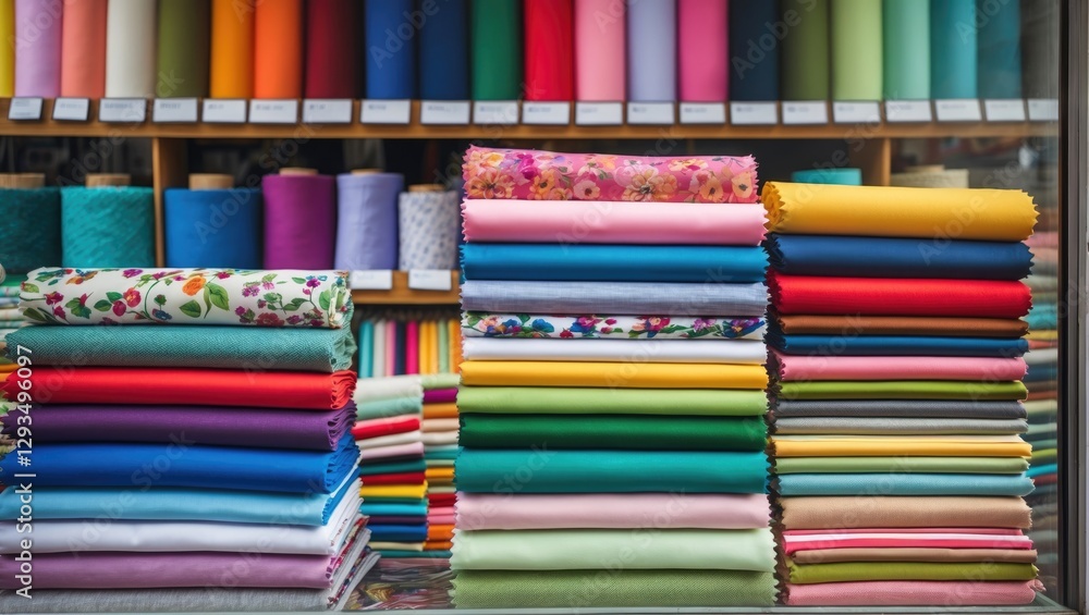 Poster Vibrant textile swatches displayed in a storefront showcasing a diverse array of colorful fabric rolls and neatly folded samples.