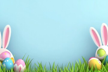 Fototapeta premium A vibrant Easter frame featuring colorful eggs and bunny ears on a soft blue background