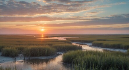 Coastal Marshland at Sunset with Vibrant Sky and Tranquil Water Reflection Ideal for Nature-Themed Projects and Text Overlay