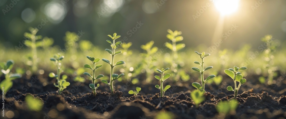 Poster New Growth of Small Plants in Sunlit Soil, Nature Background with Blurred Bokeh and Ample Copy Space for Text or Design Elements