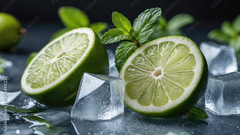 Poster fresh lime wedges with mint leaves and ice cubes on dark background perfect for refreshing beverage 