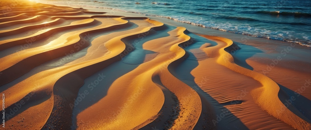 Poster wavy patterns on sandy beach illuminated by golden sunset reflecting on the sea creating a serene la