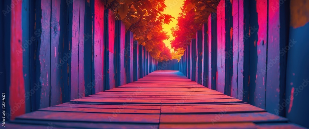 Poster Vibrant perspective of a colorful boardwalk surrounded by trees illuminated by sunset hues showcasing dynamic textures and shadows