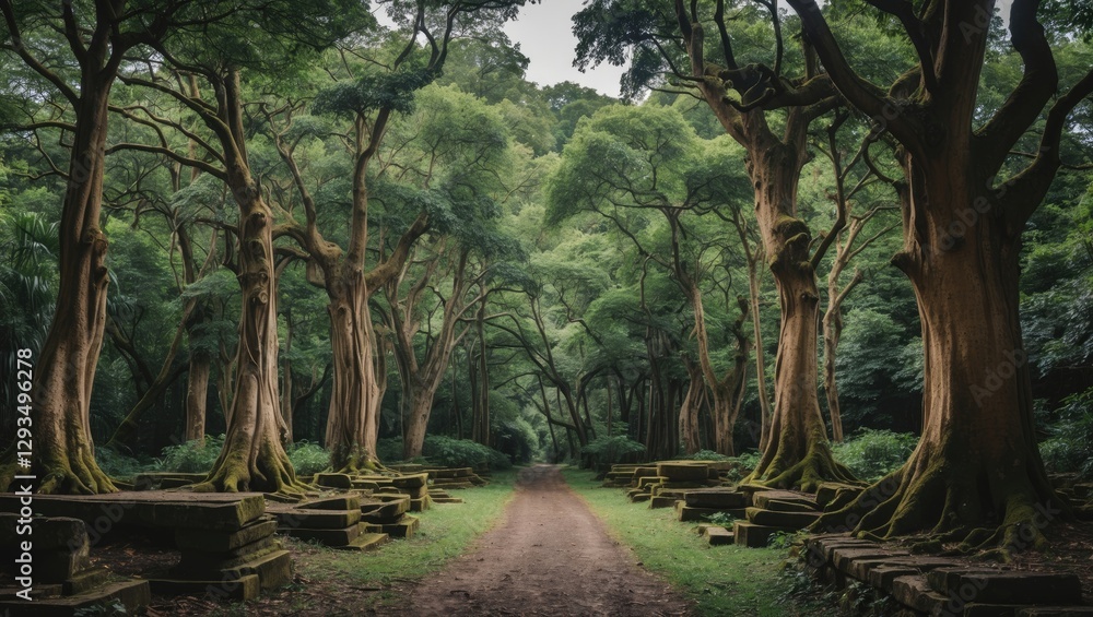 Poster ancient forest path with lush green trees and ample space for text placement in a serene natural set