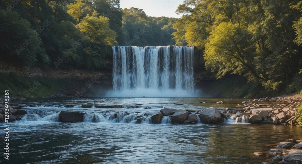 Poster serene summer waterfall surrounded by lush greenery with clear space for text integration