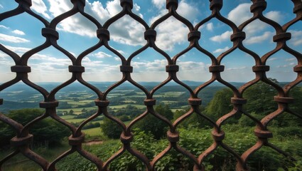Fototapeta premium Scenic landscape framed by intricate iron mesh showcasing nature's beauty and expansive fields under a blue sky with scattered clouds.