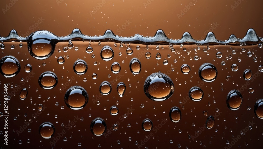 Poster close-up of water droplets on a smooth brown surface creating a textured and visually appealing back