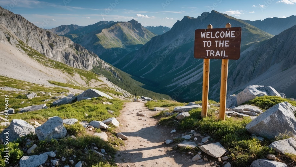 Poster Welcoming Trail Sign on Scenic Mountain Path Surrounded by Lush Greenery and Rocky Terrain with Empty Space for Custom Text
