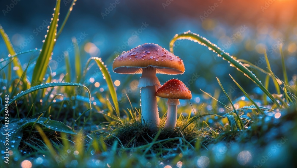Poster mushrooms in dew-covered grass at sunrise creating a tranquil natural scene with morning light and s