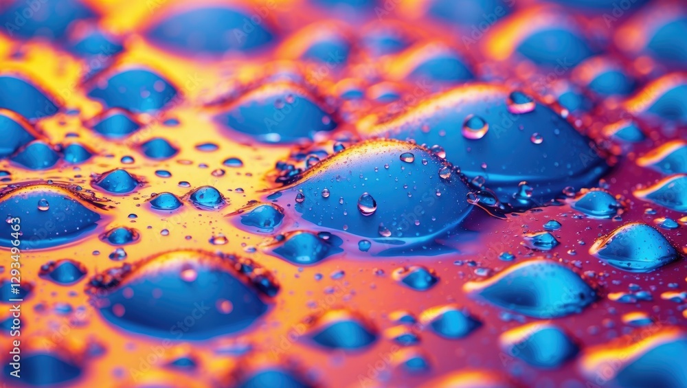 Poster colorful water droplets on a surface creating a vibrant abstract texture with reflections and refrac