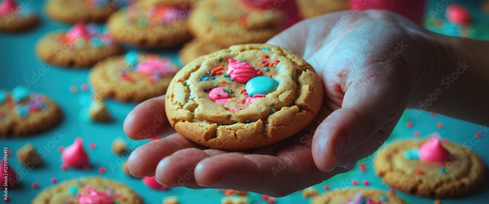 Poster close-up of a hand holding a decorated cookie with colorful sprinkles against a blurred background o