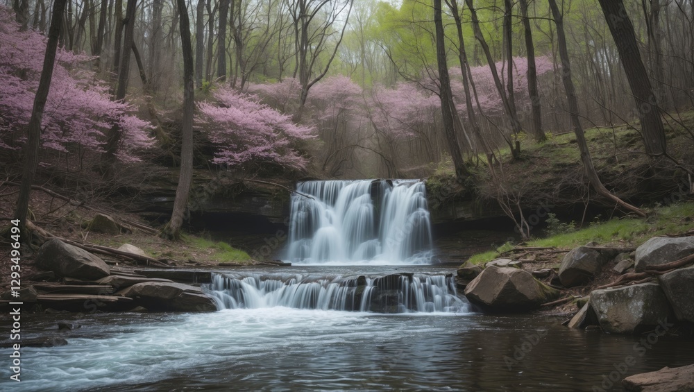 Poster serene waterfall cascading through lush forest surrounded by blossoming trees in spring with clear c