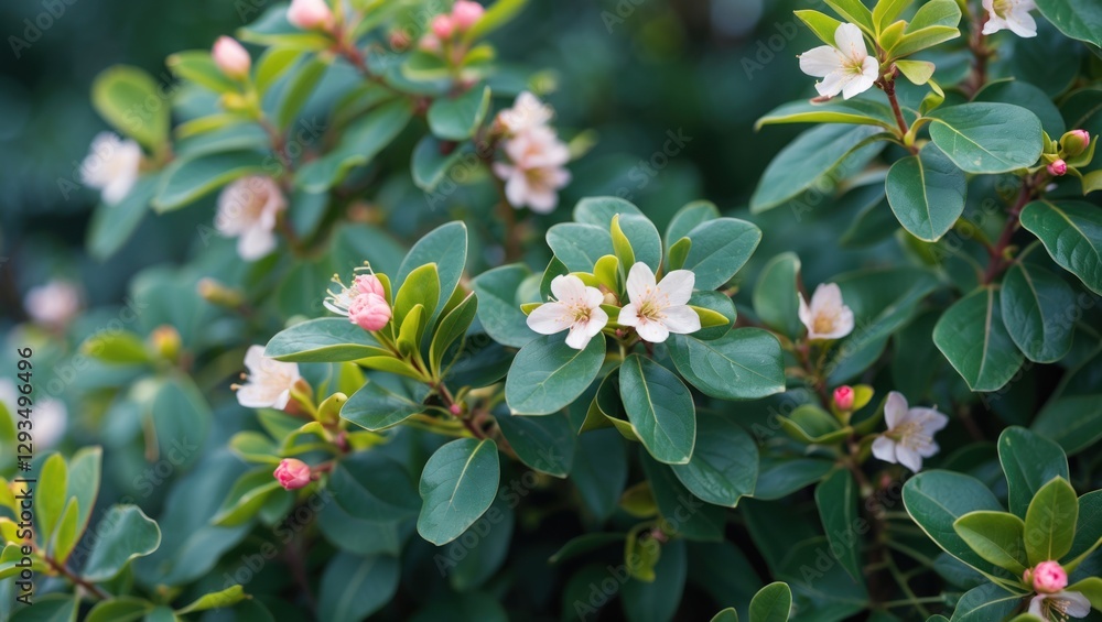 Poster closeup of vibrant shrub leaves and delicate flowers ideal for creating natural backgrounds and enha
