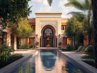 Obraz premium A pool is in front of a building with a large archway. The pool is surrounded by trees and has a lot of greenery