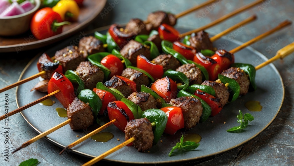 Poster Colorful and appetizing shish kebabs on skewers arranged on a textured table ready to serve in a rustic dining setting