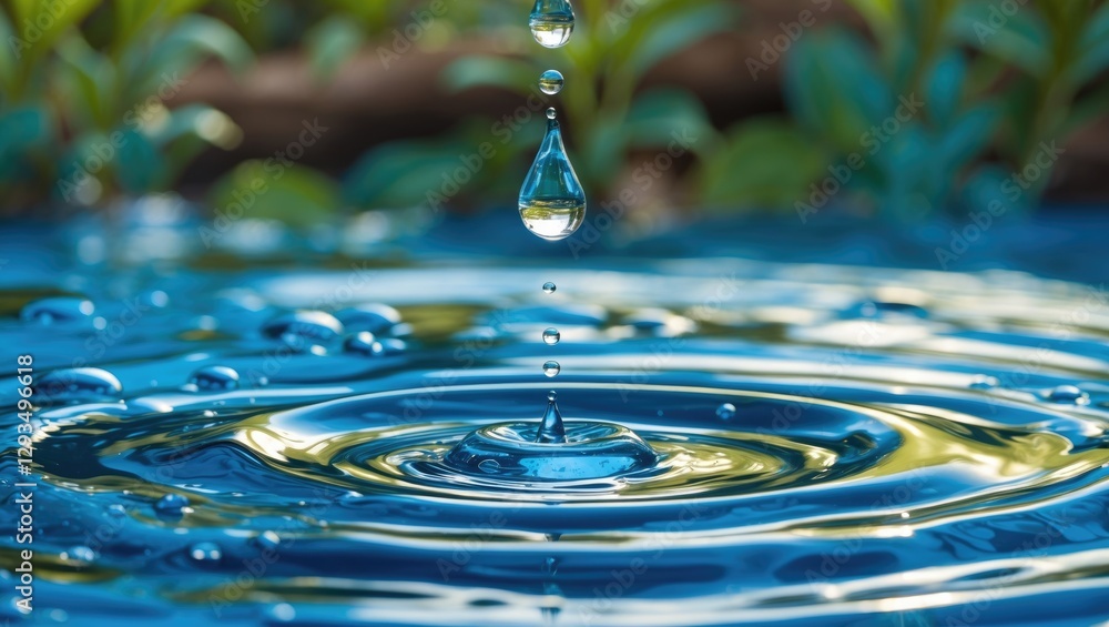 Poster refreshing water drop creating ripples on a calm surface with lush background, symbolizing cleanline