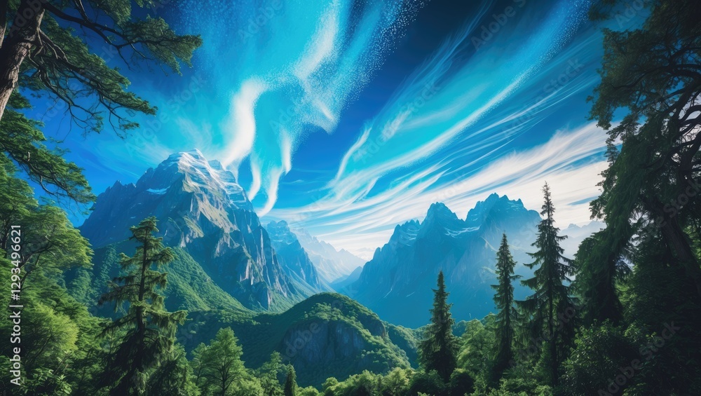 Poster majestic mountains under a vivid sky with swirling clouds and lush greenery creating a serene natura