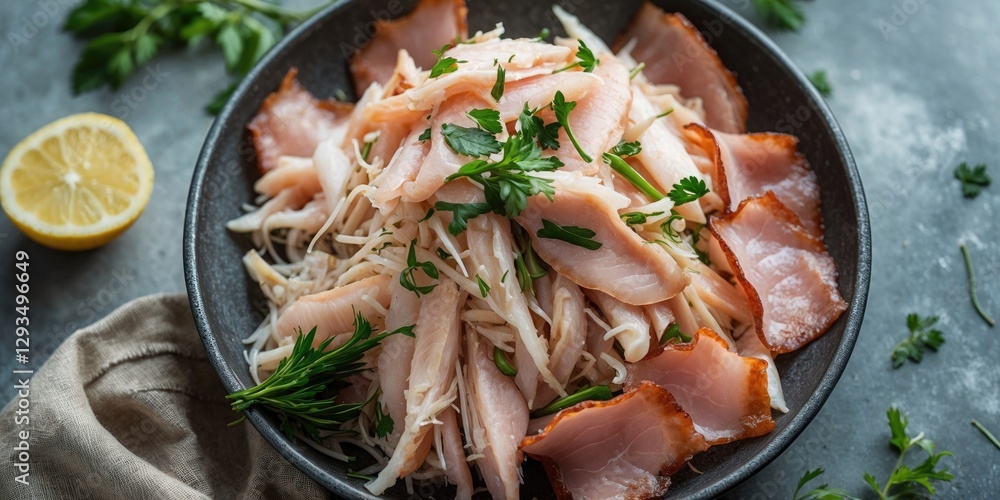 Poster fresh shredded fish and pork skin salad garnished with herbs and lemon on rustic table with copy spa
