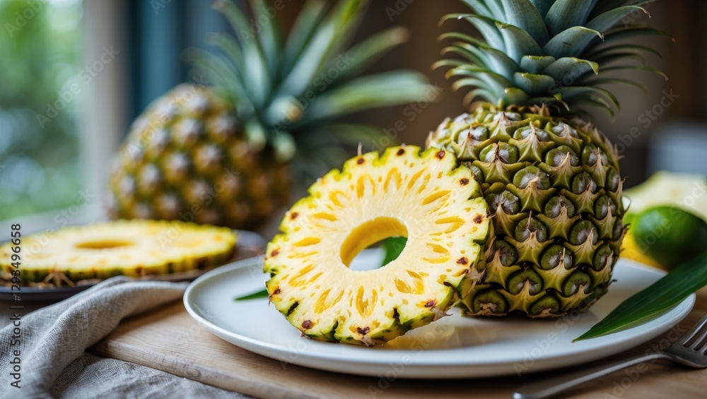 Poster freshly sliced pineapple on white plate with whole pineapples in background natural light culinary t