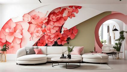 Modern living room with stylish interior and abstract technological design